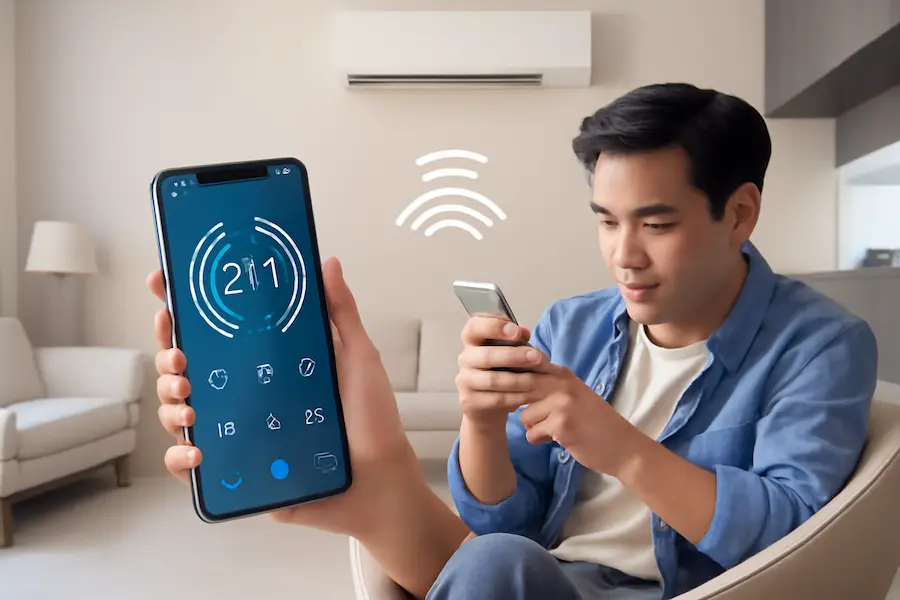 Young man using his smartphone to control his AC Tech system in a modern living room, adjusting settings through a mobile app for energy-efficient cooling.
