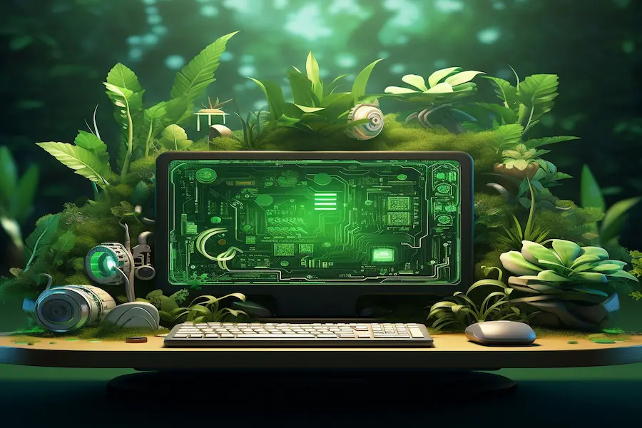 AI-driven sustainability concept, featuring a 3D computer screen embedded in nature, showcasing green circuitry with plants, symbolizing the fusion of technology and environmental protection.