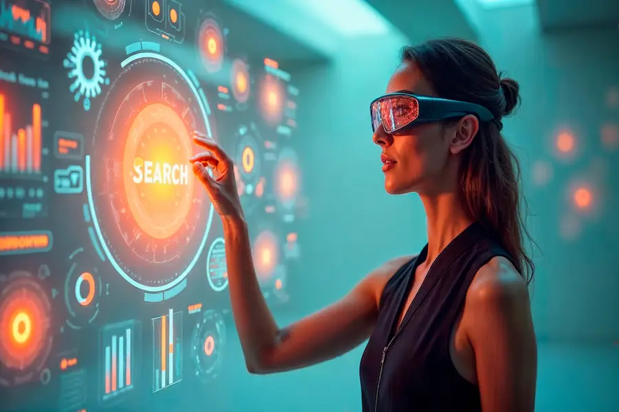 Person using advanced tech in augmented reality glasses to interact with a futuristic touch screen displaying data visualizations and search options.