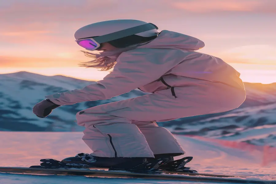 A skier wearing Alpinestars Tech gear, showcasing high-performance snow sports apparel, with a focus on the advanced design and comfort of the outfit in snowy mountain terrain during sunset.