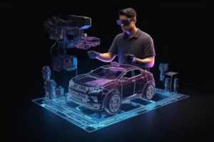 Android Auto system visualized with a car model, showcasing integration of smartphone features for a smarter driving experience with voice control, navigation, and app compatibility