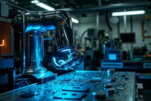 Robotic arm in an advanced automation lab, working on a circuit board with precision, highlighting the role of AI-powered systems in automation.