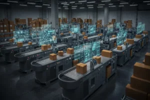 Automation warehouse with conveyor belts, robotic arms, and digital overlays for tracking and sorting packages in a high-tech logistics environment