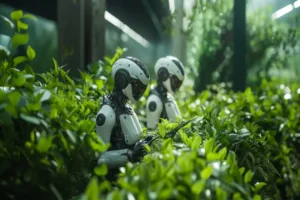 Brigade Tech Gardens: Robots working among plants in a futuristic garden, showcasing the integration of AI and robotics in nature.