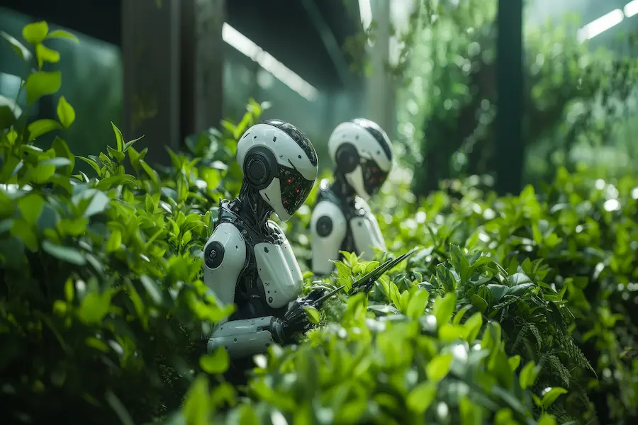 Brigade Tech Gardens: Robots working among plants in a futuristic garden, showcasing the integration of AI and robotics in nature.