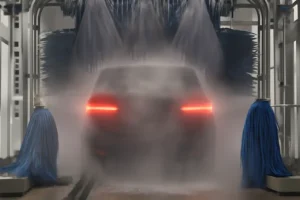 Car wash automation system with rotating blue brushes and powerful water jets cleaning a vehicle efficiently in an automated wash station.