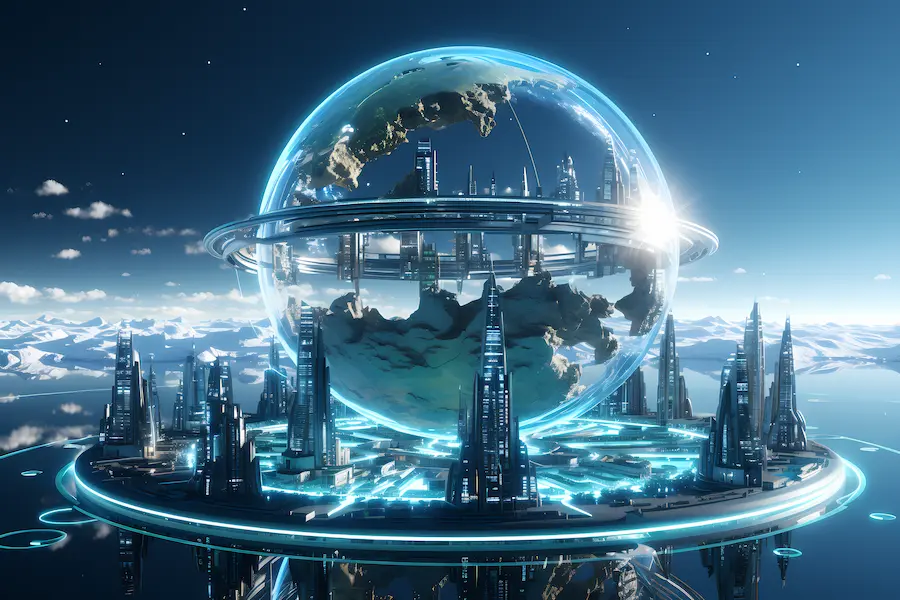A futuristic cityscape featuring towering skyscrapers and a glowing digital ring encircling a globe, symbolizing the impact of Century Tech on global innovation. The sleek buildings and cutting-edge technology reflect advancements in AI, automation, and connectivity, highlighting the transformative influence of Century Tech on shaping the future.