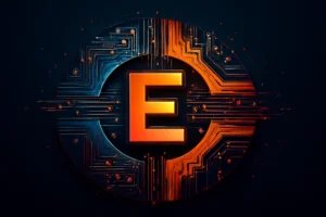 3D digital illustration of the letter 'E' surrounded by a circular circuit board design, representing 'E Tech' with warm orange and cool blue hues symbolizing technological innovation.