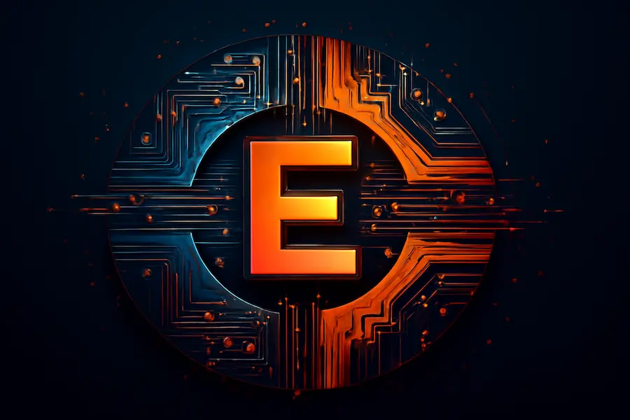 3D digital illustration of the letter 'E' surrounded by a circular circuit board design, representing 'E Tech' with warm orange and cool blue hues symbolizing technological innovation.