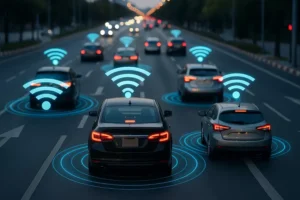 Smart city road with connected cars communicating through V2X technology