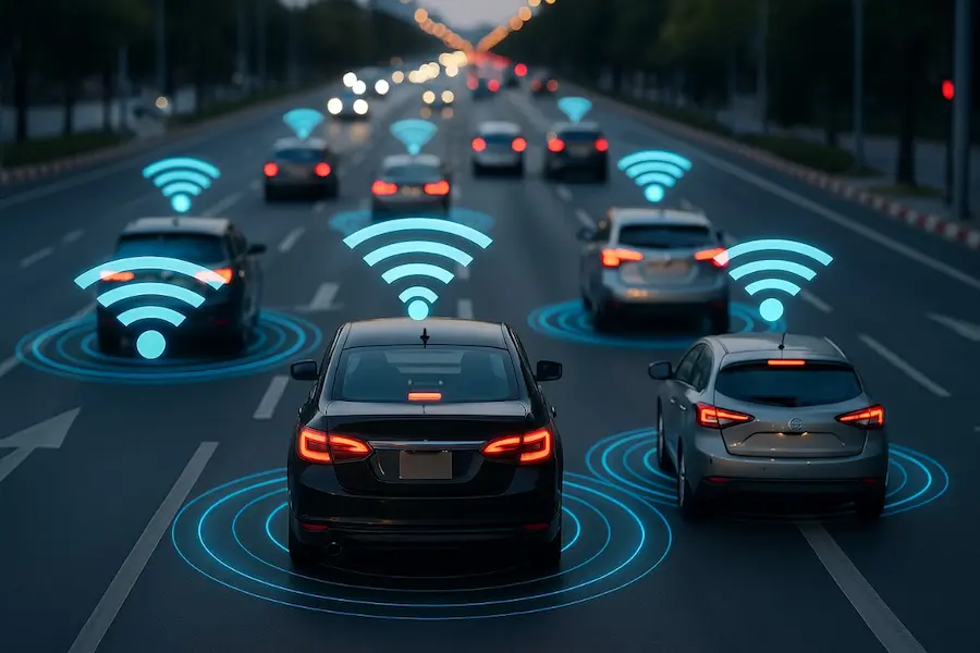 Smart city road with connected cars communicating through V2X technology
