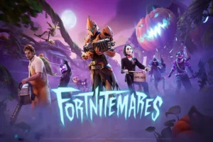 Fortnite Refund Guide: Fortnite characters during the Fortnitemares event with Halloween-themed skins and items, showcasing in-game features for a refund process.