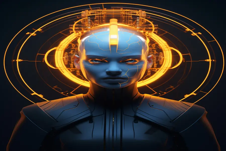 A futuristic humanoid figure with a glowing, high-tech neural interface and intricate digital patterns on their face, embodying the essence of Jagat Tech innovation. The glowing halo and technological details highlight the fusion of human and advanced AI systems.