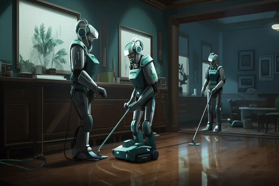 Robots using advanced janitor AI technology to clean and maintain floors in a modern interior