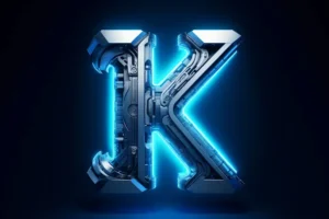 3D K Tech letter design with futuristic metallic texture and glowing neon blue light on dark background