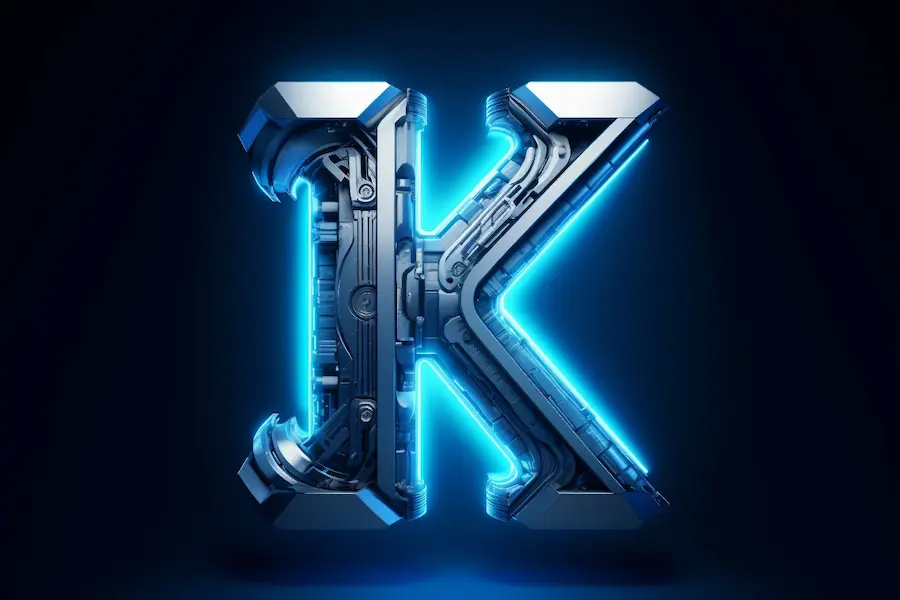 3D K Tech letter design with futuristic metallic texture and glowing neon blue light on dark background