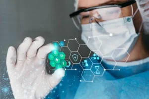 Healthcare professional interacting with a digital med tech interface, showcasing advanced medical technology and digital health innovations.