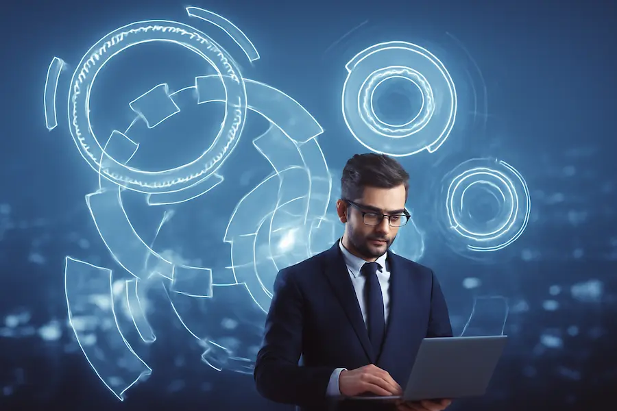 A professional businessman in a navy suit is focused on his laptop, with glowing digital elements and a futuristic "Pro Tech" interface in the background. The city skyline is blurred, emphasizing the advanced technology them