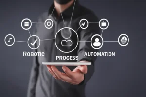 Pro Automation concept: Man holding a tablet with icons representing robotic processes, automation, and workflow optimization, emphasizing 'PROCESS' alongside 'ROBOTIC' and 'AUTOMATION