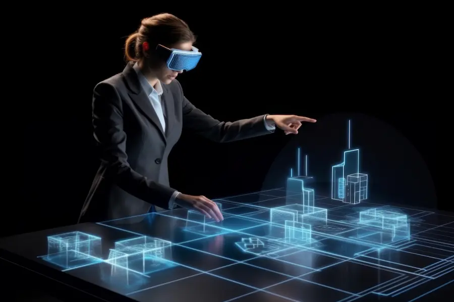 Professional woman using augmented reality technology to interact with 3D holograms of buildings and structures, showcasing cutting-edge Real Tech advancements