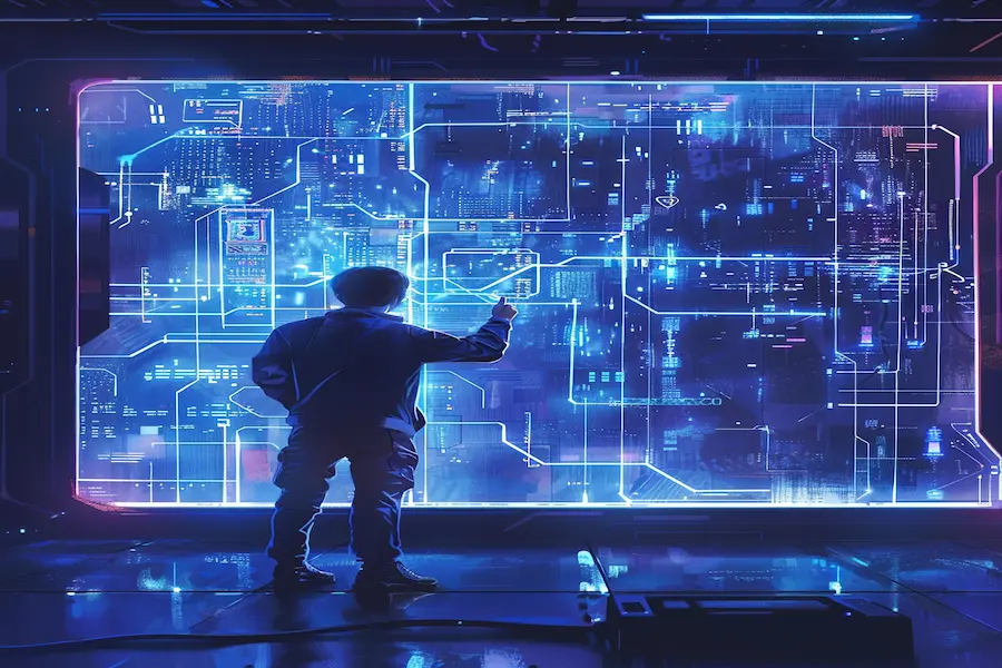 A person interacting with a futuristic holographic display, controlling complex digital data and technology visualizations, embodying the concept of "Tech Command" in a high-tech environment. The scene illustrates a blend of advanced technology, digital interfaces, and innovation.