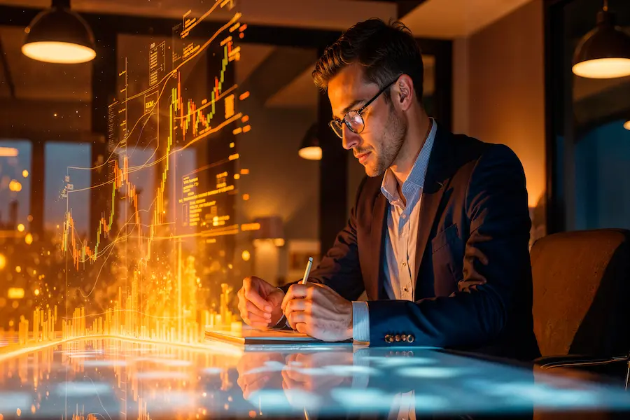 A professional in business attire analyzes financial data with a futuristic tech display showcasing financial graphs and market trends, symbolizing the concept of tech finance.
