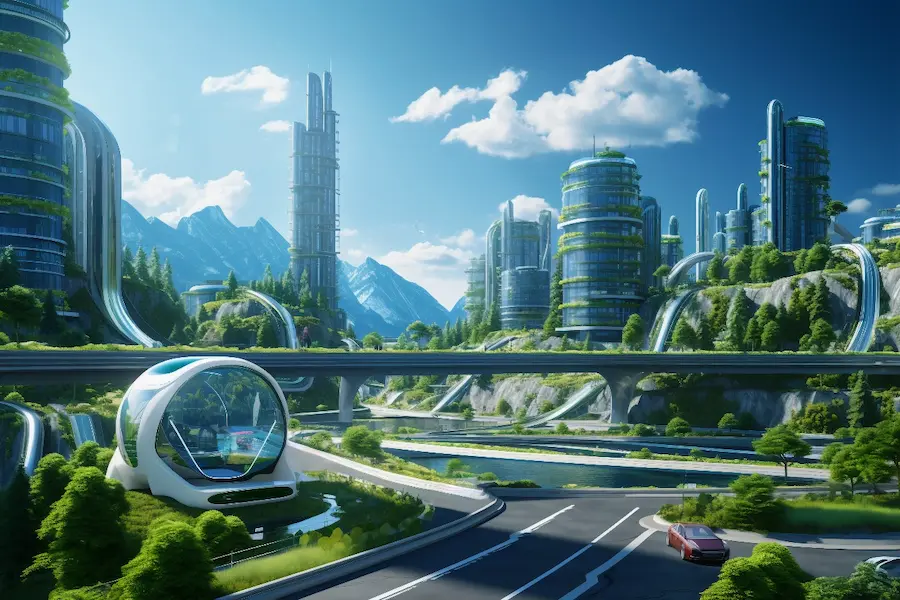 "Tech Town: A futuristic environmentally friendly city with advanced transportation, green spaces, and modern skyscrapers surrounded by mountains and clear skies."