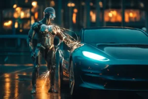 Humanoid robot interacting with a Tesla robotaxi, showcasing Tesla's autonomous technology in a futuristic cityscape. The image represents the concept of Tesla robotaxis, self-driving electric vehicles.