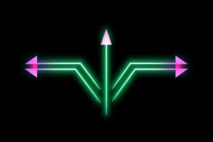 Abstract neon trident design with glowing green and pink arrows representing technology innovation, ideal for a 'Trident Tech' branding or tech-related content
