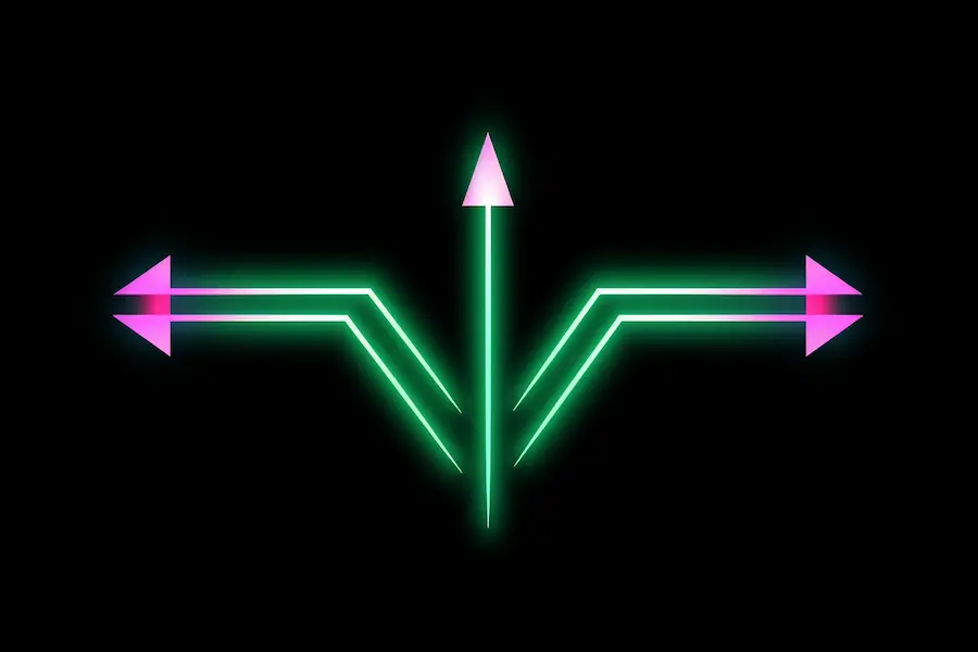 Abstract neon trident design with glowing green and pink arrows representing technology innovation, ideal for a 'Trident Tech' branding or tech-related content