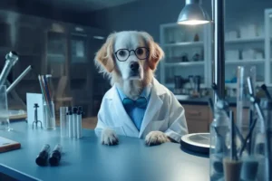 Vet tech programs :A dog dressed as a veterinarian technician in a lab coat and glasses, working in a laboratory with scientific equipment, symbolizing the vet tech programs