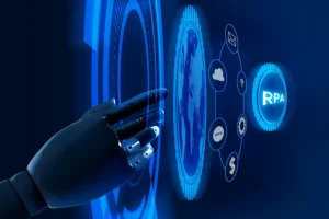 Futuristic robotic hand reaching out to a holographic interface symbolizing Zero-Latency Automation and RPA (Robotic Process Automation), with interconnected icons for various systems and technologies.