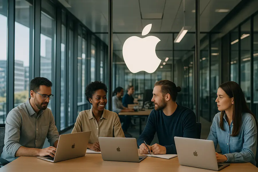 Apple employees in a corporate meeting discussing strategy amid ongoing Apple layoffs, using MacBooks in a modern office.