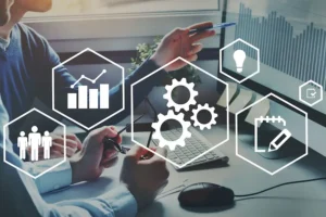 Team of diverse professionals using automation services with AI-powered tools, cloud storage solutions, and digital workflows in a modern office.