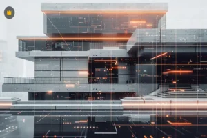 Building Tech showcased in a futuristic building design with a digital grid overlay, representing modern architecture and smart city innovation.