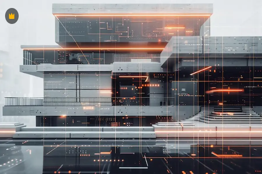 Building Tech showcased in a futuristic building design with a digital grid overlay, representing modern architecture and smart city innovation.