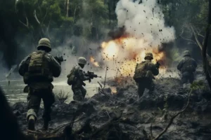 Soldiers caught in action as a ceasefire breaks with an explosion in a forest conflict zone