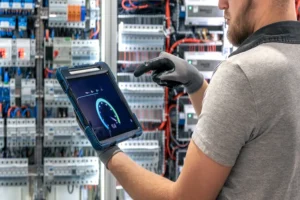 Electrician using a tablet to monitor electric automation systems in a digital switchboard control setup.