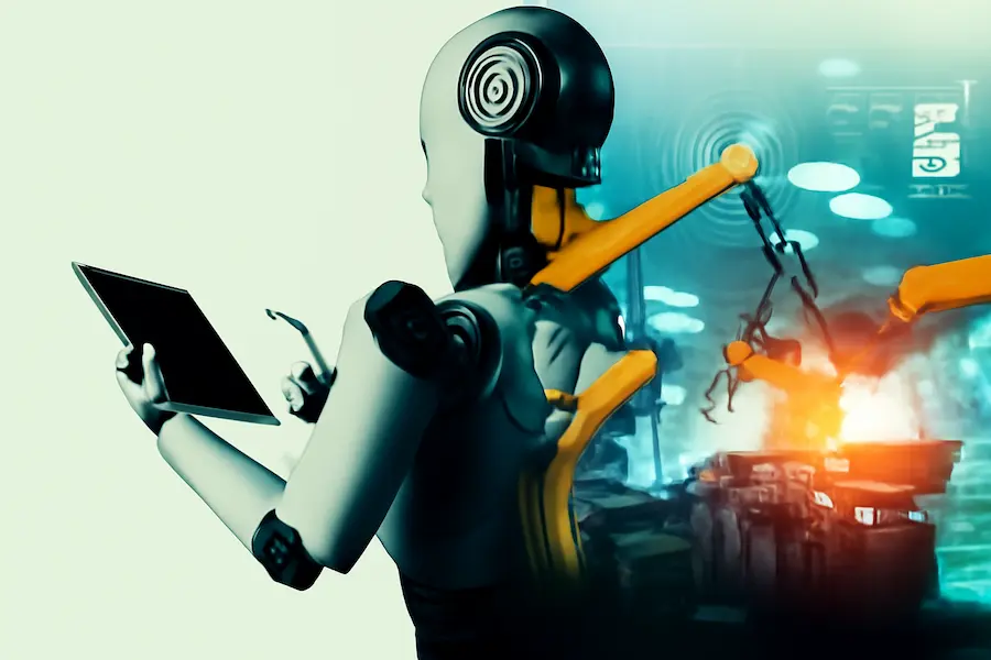 A humanoid robot interacting with a tablet in an industrial tech setting, featuring robotic arms engaged in welding and digital data overlays, symbolizing the power of ezec tech in modern automation and advanced manufacturing.