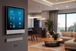 Smart home control panel in a modern Dubai living room, demonstrating home automation Dubai for lighting, climate, and security management.