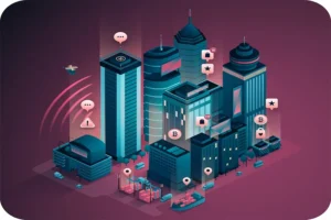 An isometric illustration of a bustling tech hub featuring towering skyscrapers, with various digital icons representing technology such as Bitcoin, lock symbols, and chat notifications scattered throughout the scene. The futuristic cityscape highlights the dynamic nature of tech hubs and their role in modern innovations.