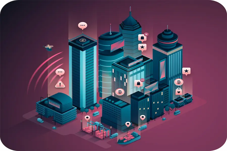 An isometric illustration of a bustling tech hub featuring towering skyscrapers, with various digital icons representing technology such as Bitcoin, lock symbols, and chat notifications scattered throughout the scene. The futuristic cityscape highlights the dynamic nature of tech hubs and their role in modern innovations.