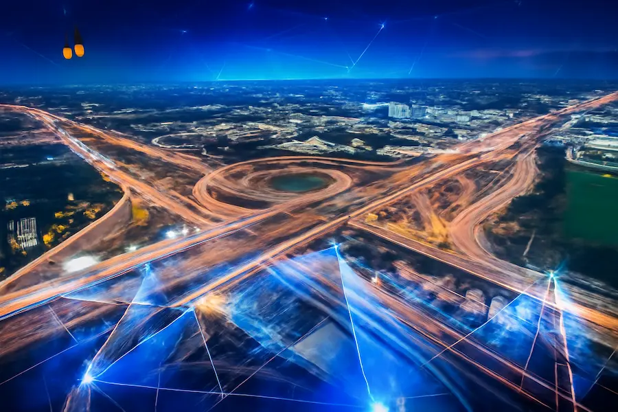 Infra tech revolutionizing urban infrastructure with smart, efficient, and sustainable solutions. A high-tech network of roads, highways, and connectivity in a modern city.