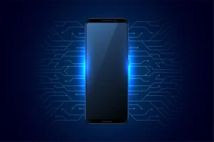 Mobile tech innovation with smartphone design glowing against a dark background, highlighting cutting-edge circuit technology powering modern mobile devices.