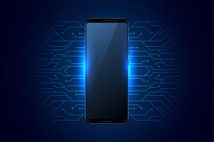 Mobile tech innovation with smartphone design glowing against a dark background, highlighting cutting-edge circuit technology powering modern mobile devices.
