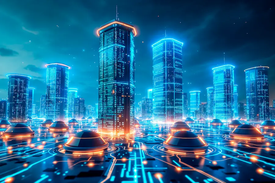 A futuristic cityscape illuminated by blue and orange neon lights, showcasing towering skyscrapers with glowing outlines. The city is connected by glowing circuitry paths, symbolizing a high-tech environment filled with advanced technologies, representing Real Tech.