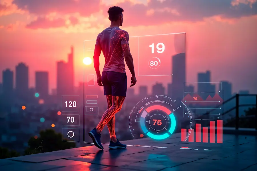 A runner interacting with a sport tech interface, displaying health and performance data like heart rate, steps, and distance in a futuristic urban setting.