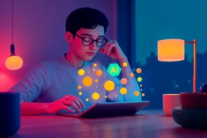 A person interacting with AI technology on a tablet, surrounded by glowing digital elements, symbolizing innovation in tech and gadgets for a 'Tech on Dicas' blog