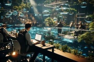 A futuristic workspace with professionals working on laptops, surrounded by hanging glass spheres and lush greenery, creating a serene tech waterfall environment that blends nature with advanced technology.