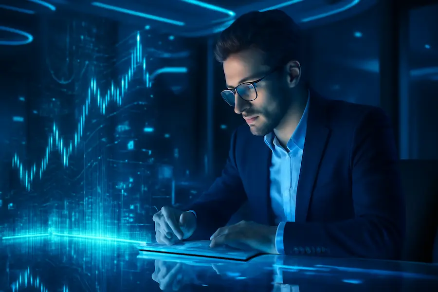 A professional man in a navy suit analyzes glowing financial data on a sleek, reflective desk, with holographic tech finance projections illuminating the scene, emphasizing the impact of top tech in the finance industry